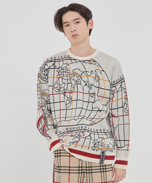 ロマンティッククラウン(ROMANTIC CROWN) WORLD MAP KNIT_OATMEAL