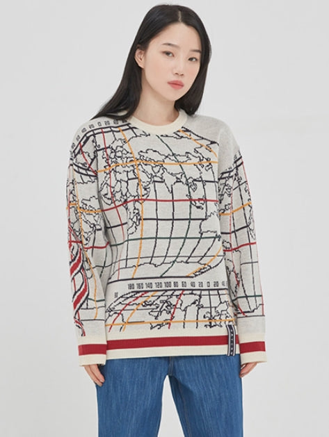ロマンティッククラウン(ROMANTIC CROWN) WORLD MAP KNIT_OATMEAL