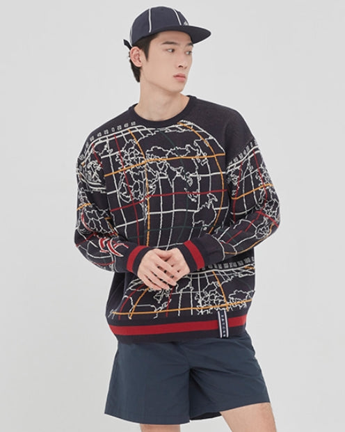 ロマンティッククラウン(ROMANTIC CROWN) WORLD MAP KNIT_NAVY