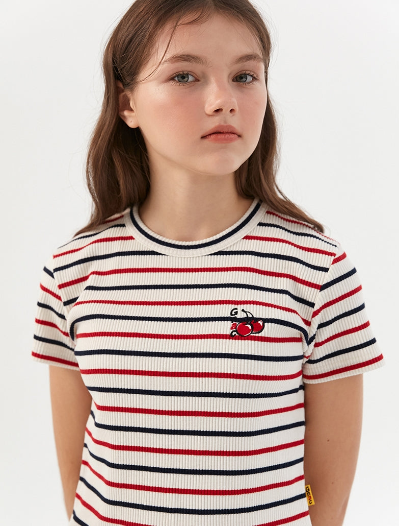 ロマンティッククラウン(ROMANTIC CROWN) [KIRSH X RMTCRW] GNAC STRIPED CHERRY TEE_OATMEAL