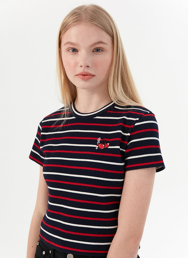 ロマンティッククラウン(ROMANTIC CROWN) [KIRSH X RMTCRW] GNAC STRIPED CHERRY TEE_NAVY