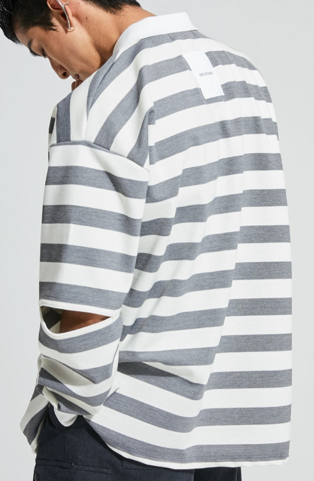 イーエスシースタジオ(ESC STUDIO)  Stripe over size polor shirt (grey)