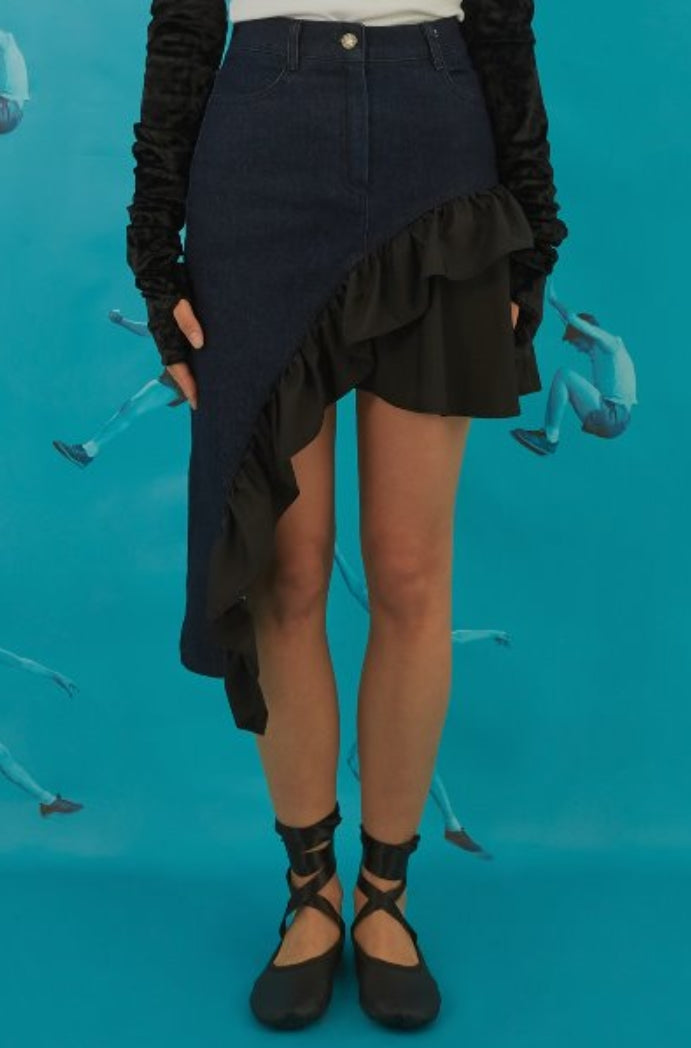 オクトーバーサード(Oct.3) ] Frill Unbalance Denim Skirt [Navy]