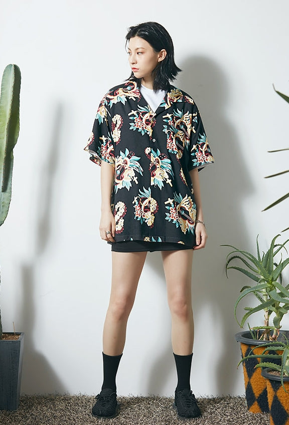 セイントペイン(SAINTPAIN) SP UKULELE FLOWER HAWAIIAN SHIRTS-BLACK