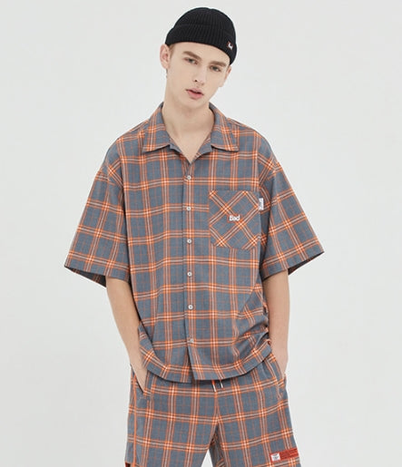 ベドインベド(BADINBAD) SQUARE CHECK HALF SHIRT_GREY