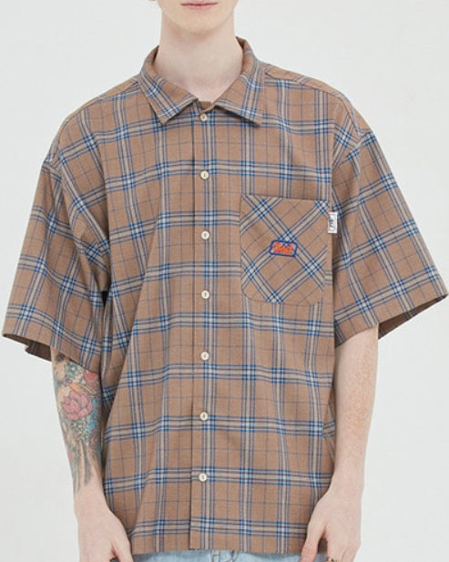 ベドインベド(BADINBAD) SQUARE CHECK HALF SHIRT_BEIGE