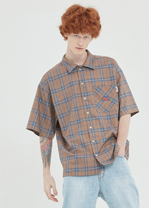 ベドインベド(BADINBAD) SQUARE CHECK HALF SHIRT_BEIGE