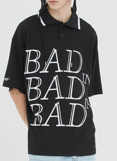ベドインベド(BADINBAD) SERIF FONT HALF POLO_BLACK