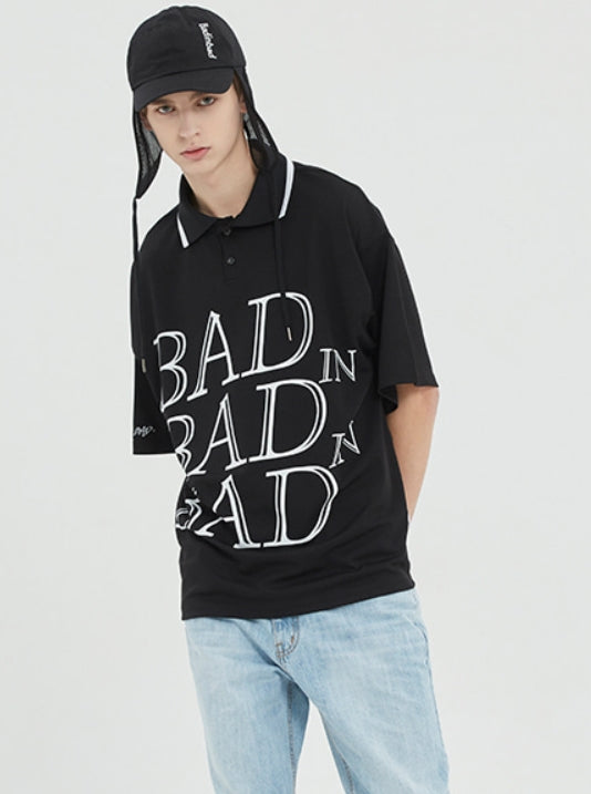 ベドインベド(BADINBAD) SERIF FONT HALF POLO_BLACK