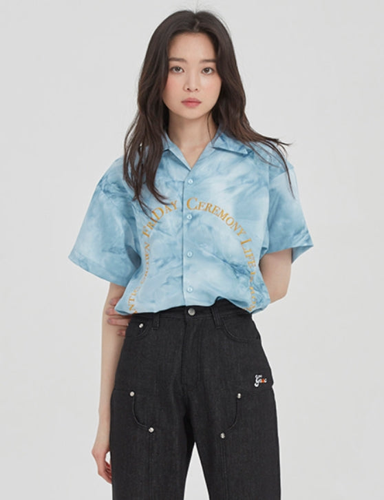 ロマンティッククラウン(ROMANTIC CROWN) ARCH LOGO TIE DYE SHIRT_SKY BLUE