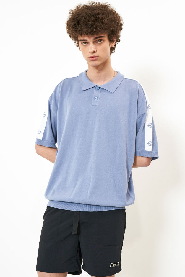 オーワイ(OY) LOGO TAPE COLLAR KNIT T- BLUE GREY