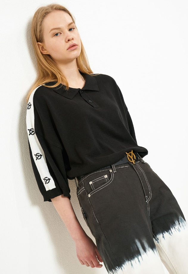 オーワイ(OY) LOGO TAPE COLLAR KNIT T-BLACK