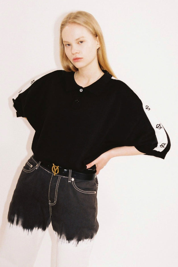 オーワイ(OY) LOGO TAPE COLLAR KNIT T-BLACK