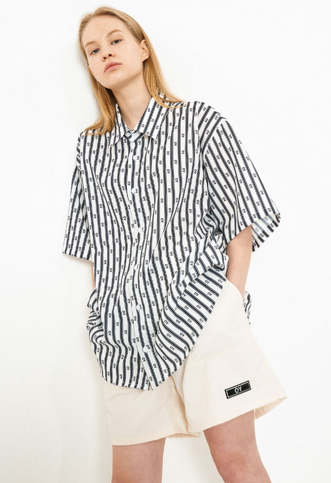 オーワイ(OY) STRIPE LOGO HALF SHIRTS-WHITE