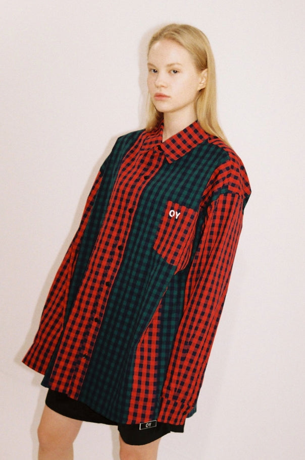 オーワイ(OY) MIX CHECK SHIRTS-GREEN/RED