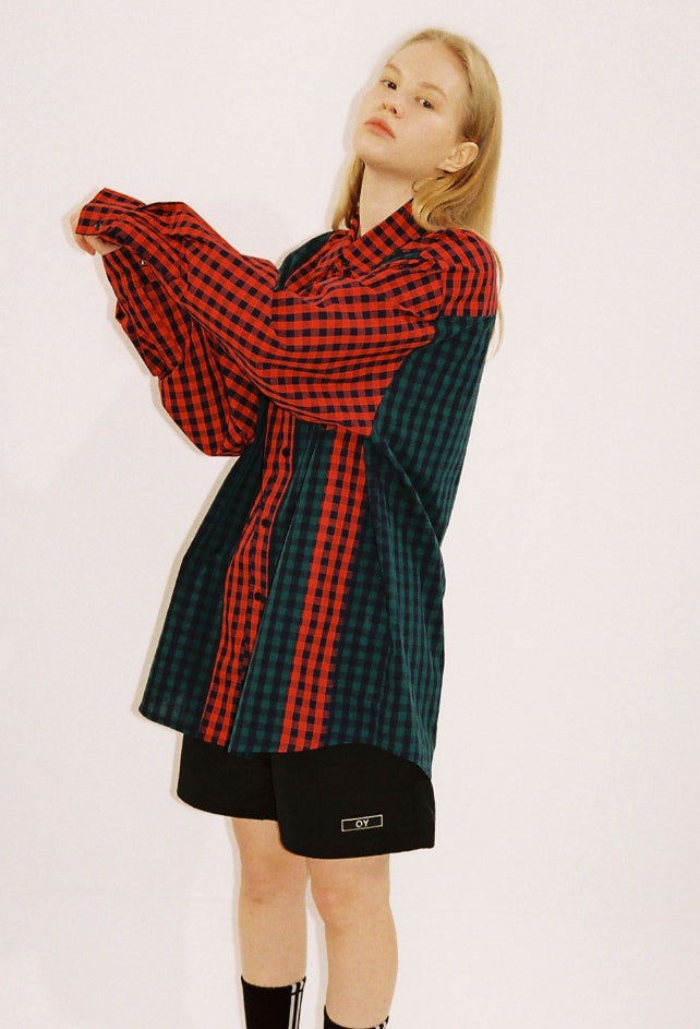 オーワイ(OY) MIX CHECK SHIRTS-GREEN/RED