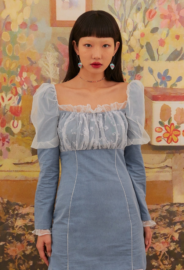 オクトーバーサード(Oct.3) Mesh Shirred Puff Sleeve Dress [Blue-White]