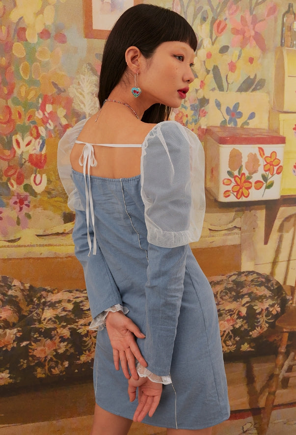 オクトーバーサード(Oct.3) Mesh Shirred Puff Sleeve Dress [Blue-White]