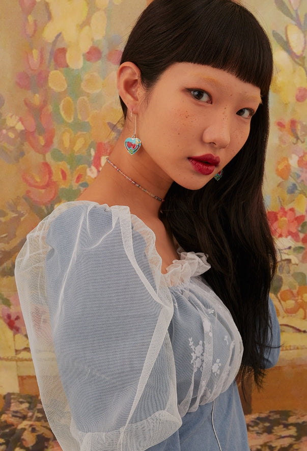 オクトーバーサード(Oct.3) Mesh Shirred Puff Sleeve Dress [Blue-White]
