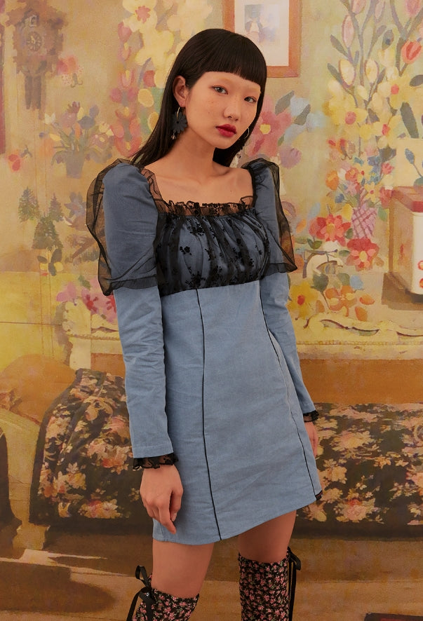 オクトーバーサード(Oct.3) Mesh Shirred Puff Sleeve Dress [Blue-Black]