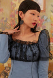 オクトーバーサード(Oct.3) Mesh Shirred Puff Sleeve Dress [Blue-Black]