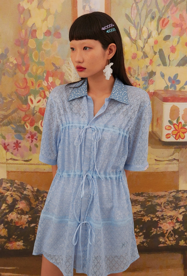 オクトーバーサード(Oct.3) Knit Ribbon Half Shirt [Blue]