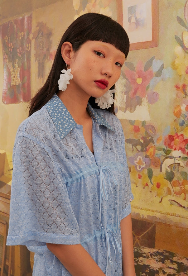 オクトーバーサード(Oct.3) Knit Ribbon Half Shirt [Blue]