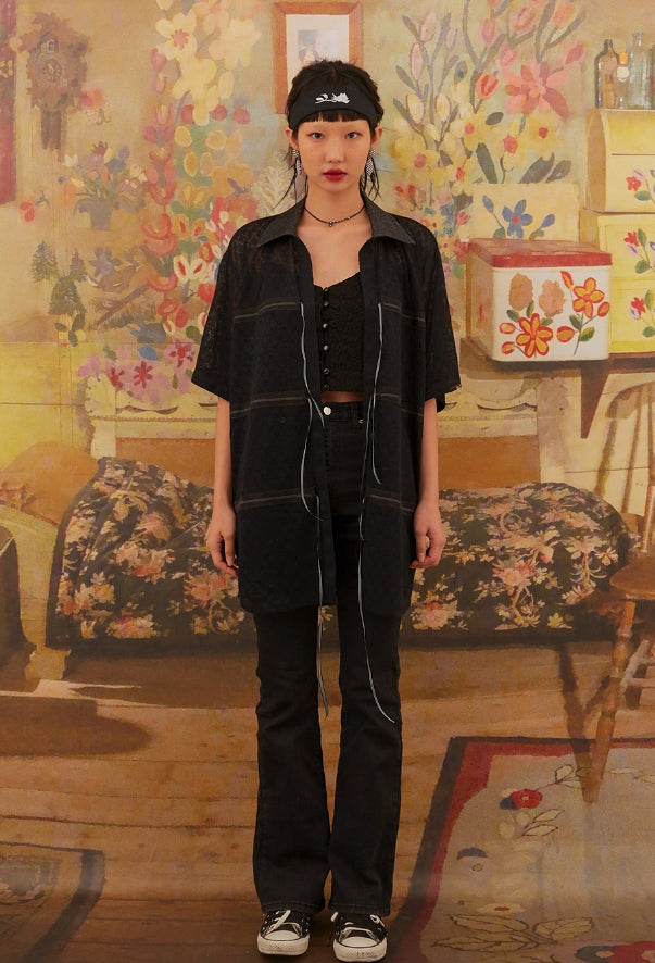 オクトーバーサード(Oct.3) Knit Ribbon Half Shirt [Black]