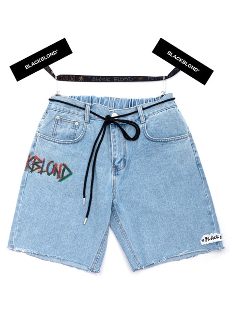 ブラックブロンド(BLACKBLOND) BBD Painted Graffiti Logo Denim Shorts (Light Blue)