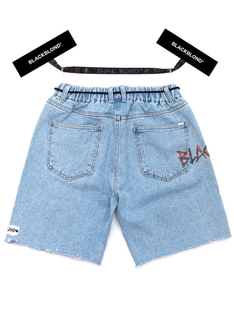 ブラックブロンド(BLACKBLOND) BBD Painted Graffiti Logo Denim Shorts (Light Blue)