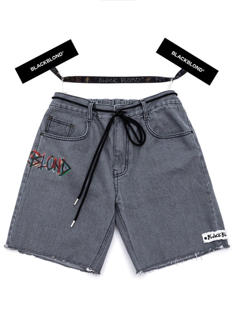 ブラックブロンド(BLACKBLOND) BBD Painted Graffiti Logo Denim Shorts (Dark Gray)