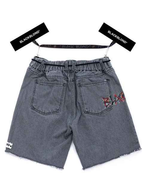 ブラックブロンド(BLACKBLOND) BBD Painted Graffiti Logo Denim Shorts (Dark Gray)