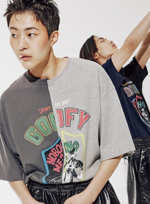 ORDINARY PEOPLE(オーディナリーピープル) [ORDINARYPEOPLE X DISNEY] HALF&HALF CHARCOAL/GREY GOOFY SHIELD T-SHIRTS