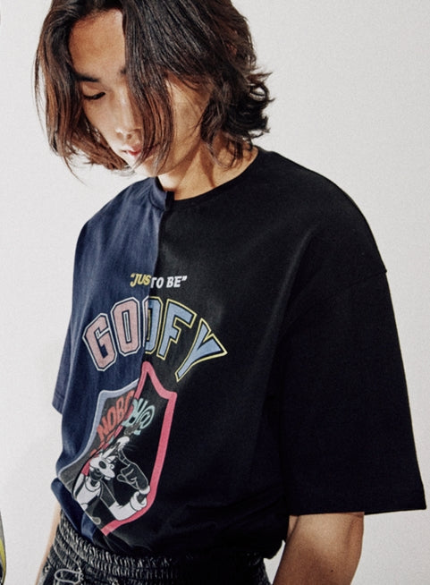 ORDINARY PEOPLE(オーディナリーピープル)  [ORDINARYPEOPLE X DISNEY] HALF&HALF NAVY/BLACK GOOFY SHIELD T-SHIRTS