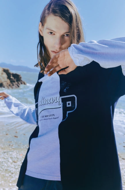 ORDINARY PEOPLE(オーディナリーピープル) DOUBLE-SLEEVE NAVY&MELANGE GREY LONG SLEEVE