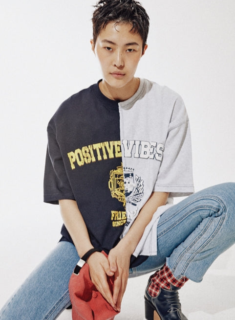 ORDINARY PEOPLE(オーディナリーピープル) [ORDINARYPEOPLE X DISNEY] POSITIVE VIBES NAVY&WHITE MELANGE T-SHIRTS