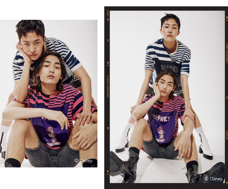 ORDINARY PEOPLE(オーディナリーピープル) [ORDINARYPEOPLE X DISNEY] MICKEY'S KIND OF BIG DEAL PINK STRIPED T-SHIRTS