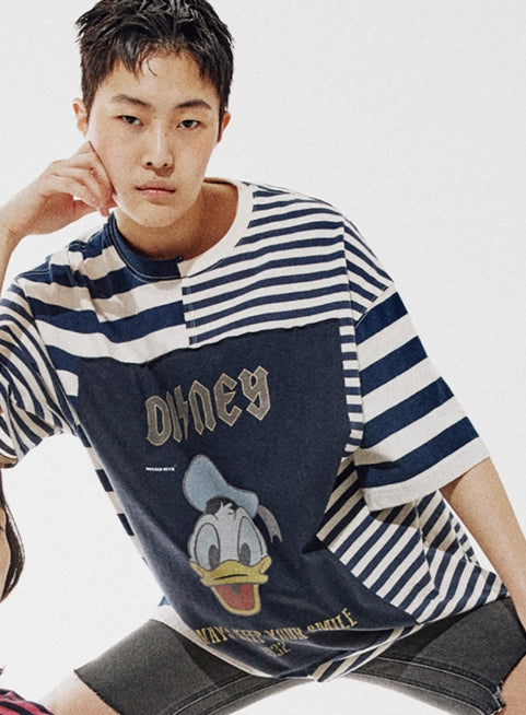 ORDINARY PEOPLE(オーディナリーピープル) [ORDINARYPEOPLE X DISNEY] KEEP YOUR SMILE DONALD NAVY STRIPED T-SHIRTS