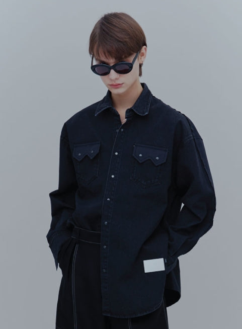 ORDINARY PEOPLE(オーディナリーピープル) HALF & HALF DAMAGED DENIM BLACK SHIRTS