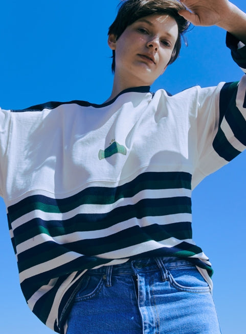 ORDINARY PEOPLE(オーディナリーピープル)  SHOULDER PONT GREEN LONG SLEEVE STRIPED T-SHIRT
