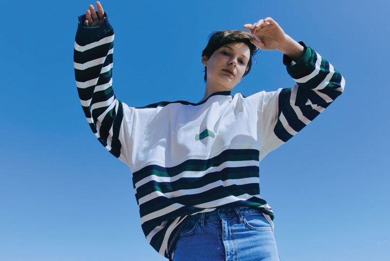 ORDINARY PEOPLE(オーディナリーピープル)  SHOULDER PONT GREEN LONG SLEEVE STRIPED T-SHIRT