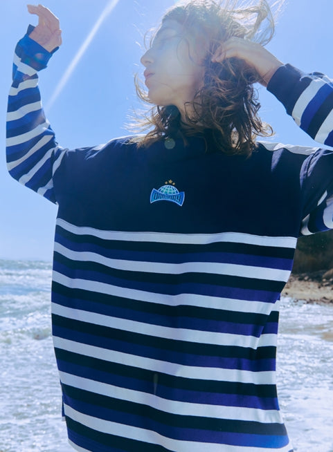 ORDINARY PEOPLE(オーディナリーピープル) SHOULDER PONT BLUE LONG SLEEVE STRIPED T-SHIRT