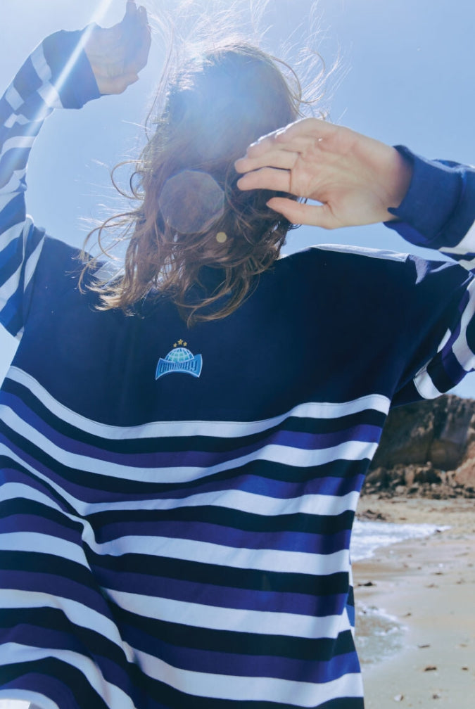 ORDINARY PEOPLE(オーディナリーピープル) SHOULDER PONT BLUE LONG SLEEVE STRIPED T-SHIRT