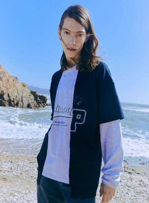 ORDINARY PEOPLE(オーディナリーピープル) DOUBLE-SLEEVE NAVY&MELANGE GREY LONG SLEEVE