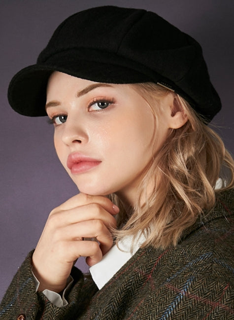 VARZAR(バザール) Bold metal tip wool herringbone newsboy cap black