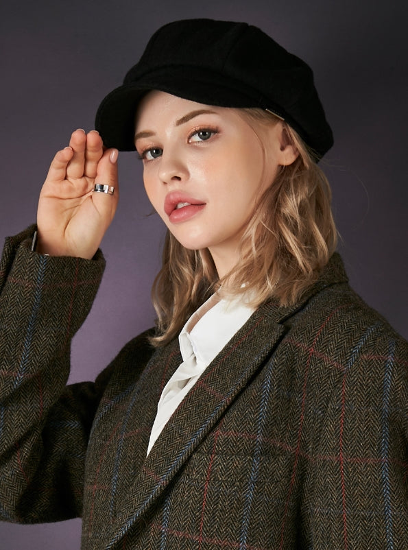 VARZAR(バザール) Bold metal tip wool herringbone newsboy cap black