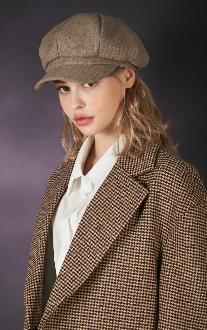 VARZAR(バザール) Bold metal tip wool herringbone newsboy cap brown
