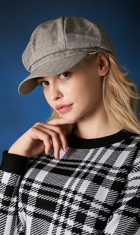 VARZAR(バザール) Metal tip herringbone newsboy cap grey