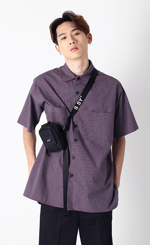 SSY(エスエスワイ)  purple gingham over fit half shirt