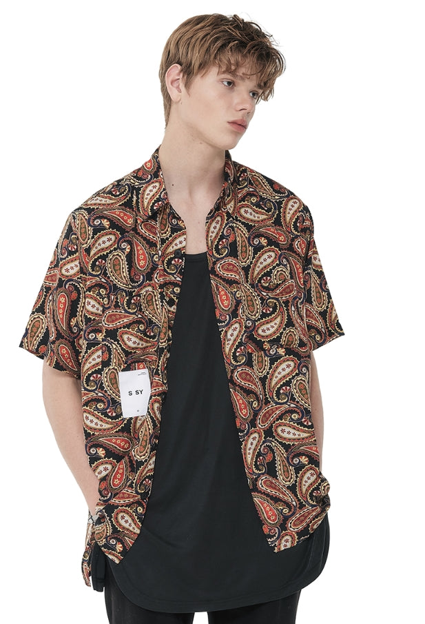 SSY(エスエスワイ)   hawaiian paisley half shirt black